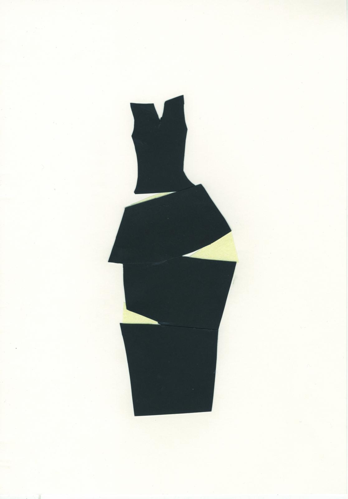 Diseño 4. Serie vestidos. Collage. Vestido negro con detalles blancos pegado en secciones sobre papel blanco