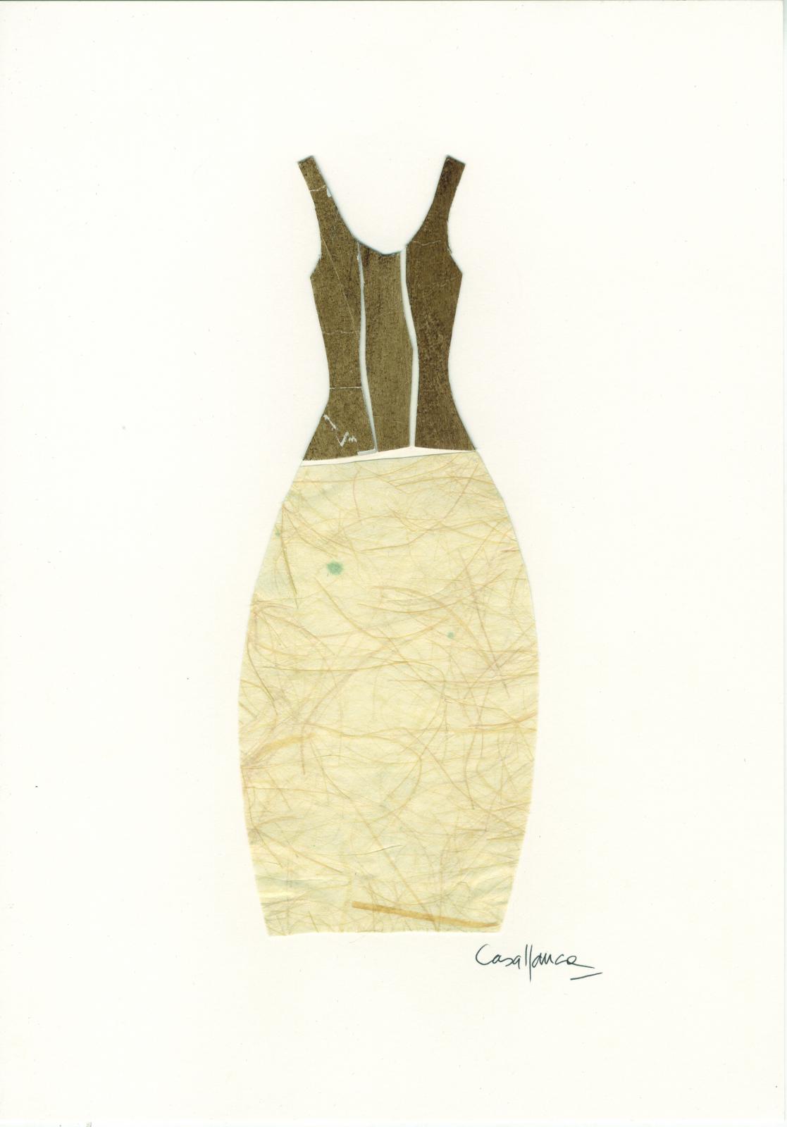 Diseño 6. Serie vestidos. Vestido con corpiño marrón y falda beige con textura. Collage. Firma del autor
