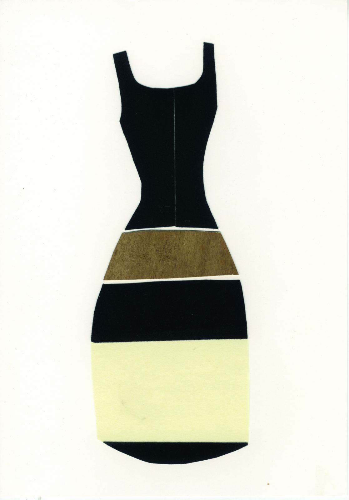 Diseño 15. Vestido largo con corpiño negro de tirantes y amplio escote, bajo el que se aprecia una falda creada a partir de bandas de colores negro, marrón, negro, beige y negro. Collage