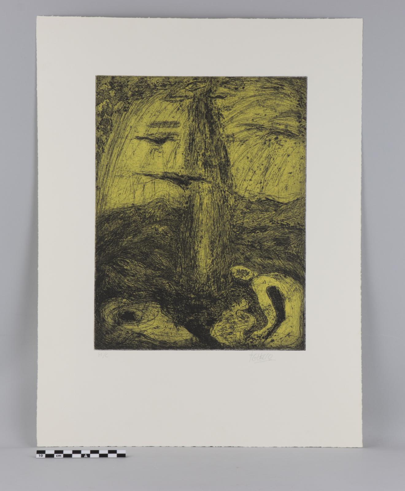 Estampa grabada sobre papel blanco rectangular en posición vertical. Composición abstracta en amarillos y negros