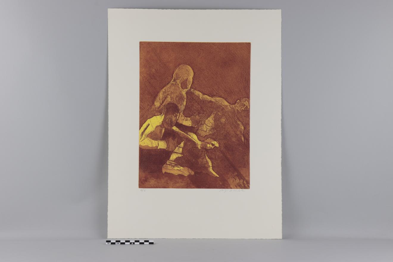 Grabado sobre papel blanco en formato rectangular vertical, realizado en tonos ocres y amarillos