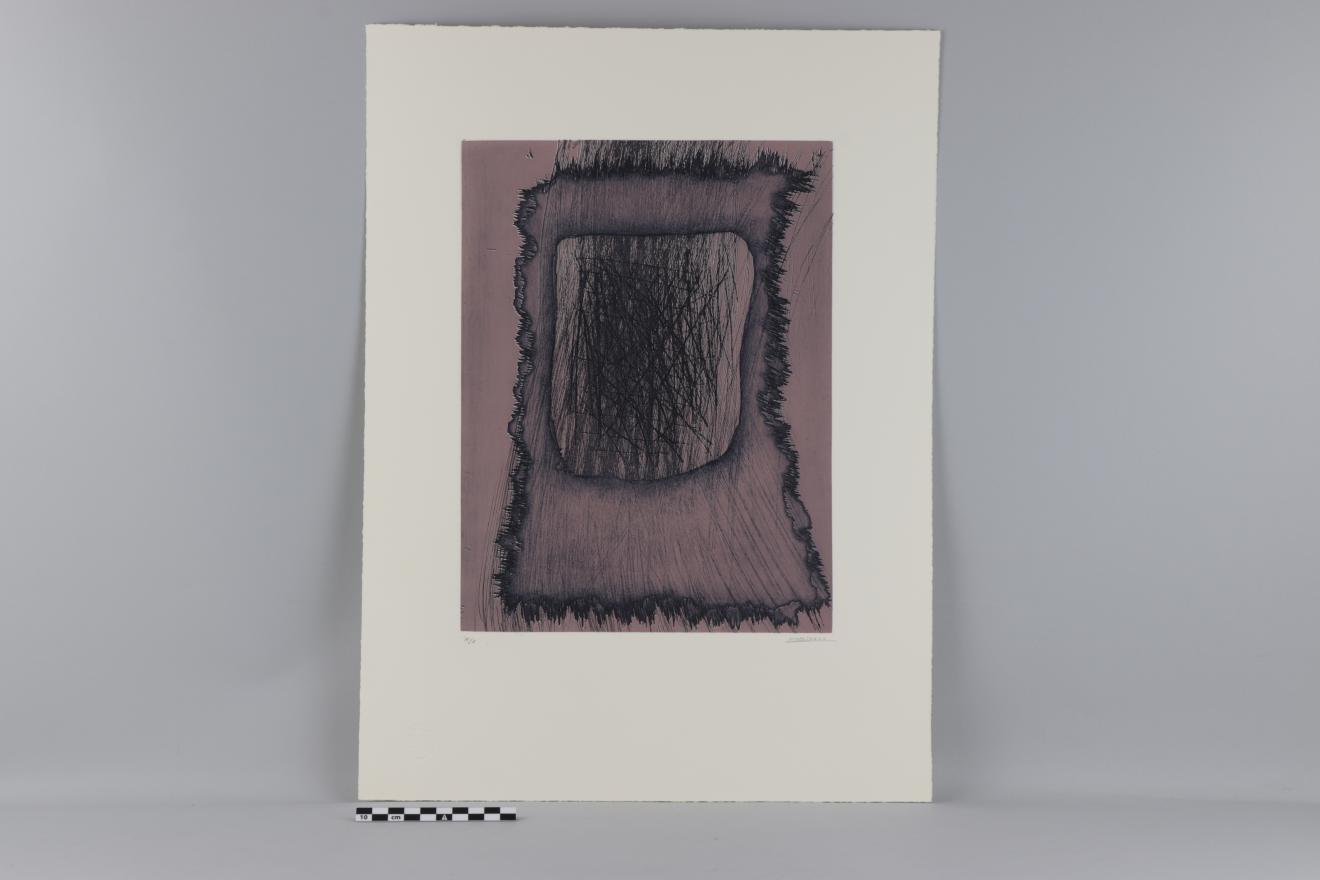 Grabado sobre papel blanco en formato rectangular vertical, realizado en tonos negros y grises