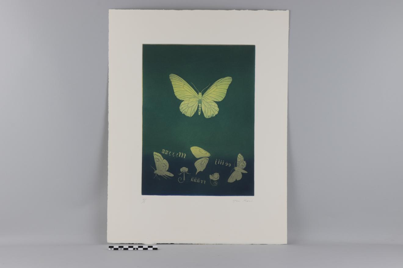 Grabado sobre papel blanco en formato rectangular vertical, realizado en tonos verdes y amarillos