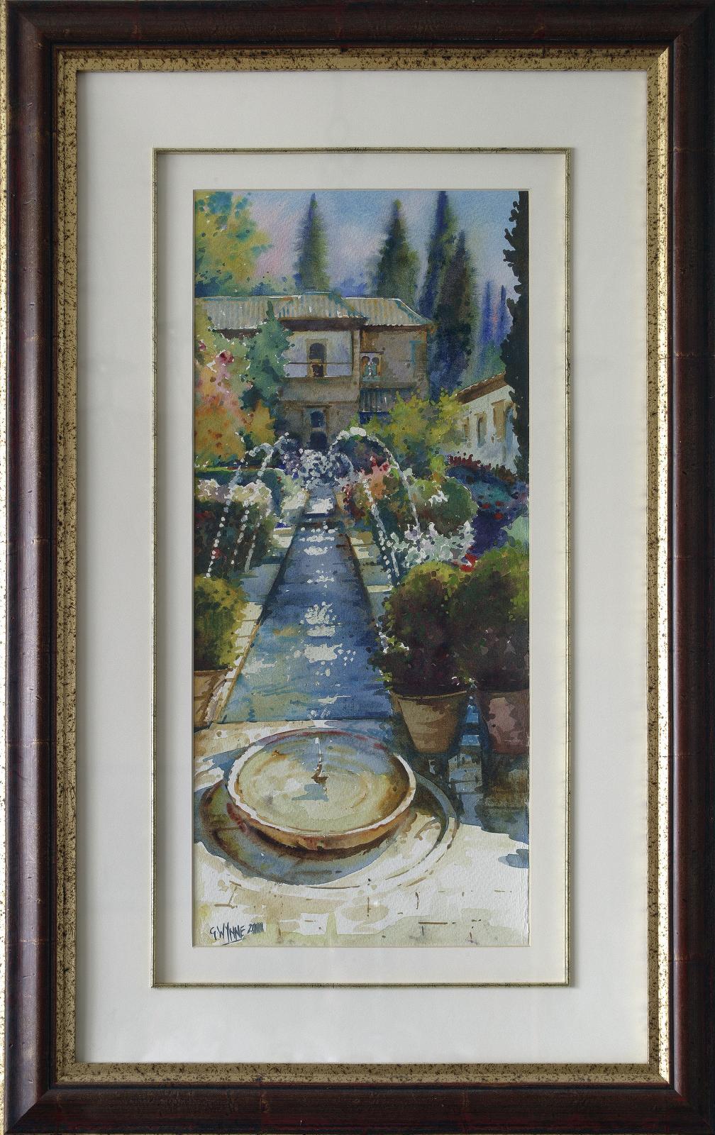 Acuarela de formato vertical. Vista del Patio de la Acequia del Generalife