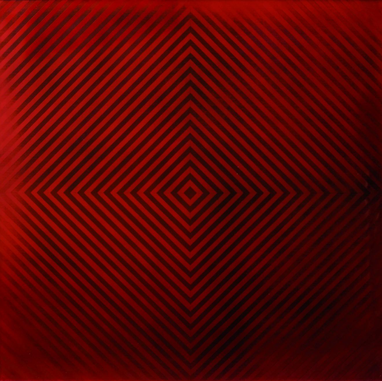 Cuadrado rojo con líneas negras que dibujan una serie de rombos superpuestos en tamaño decreciente hacia el centro